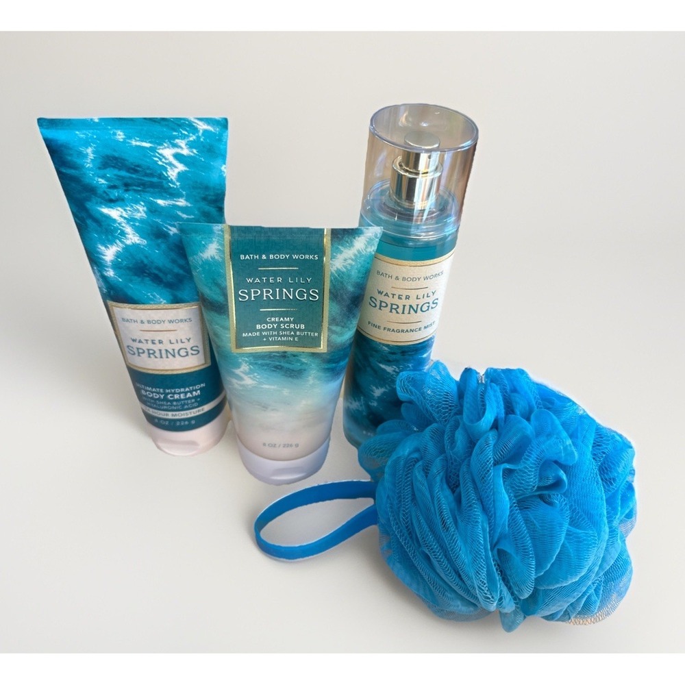 BATH & BODY WORKS WATER LILY SPRINGS BODY CREAM, SCRUB, MIST, LOOFAH 4 PCs Set